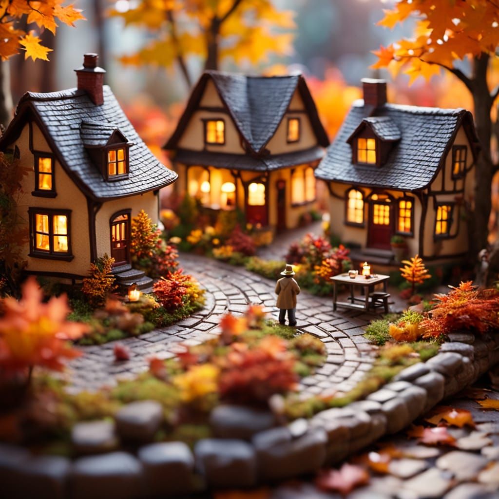 Miniature Autumn Village in Teacup