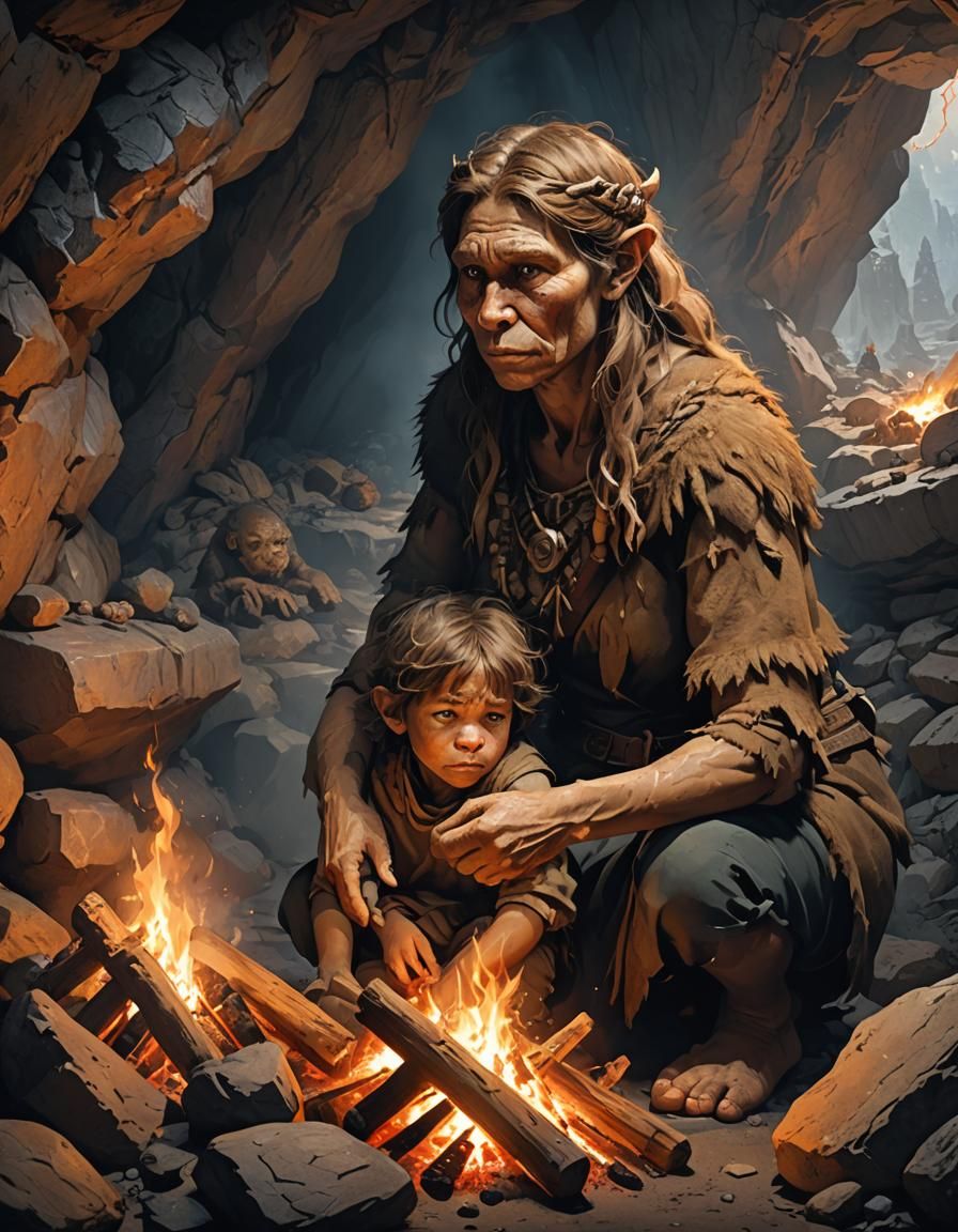 A Neanderthal child and mother huddled around a fire in a cave   by @Runway Lights 