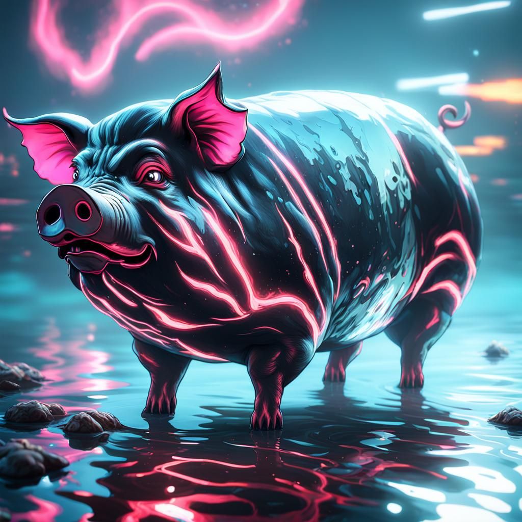 Fat little fury pig seeing his reflection in  water first ti...