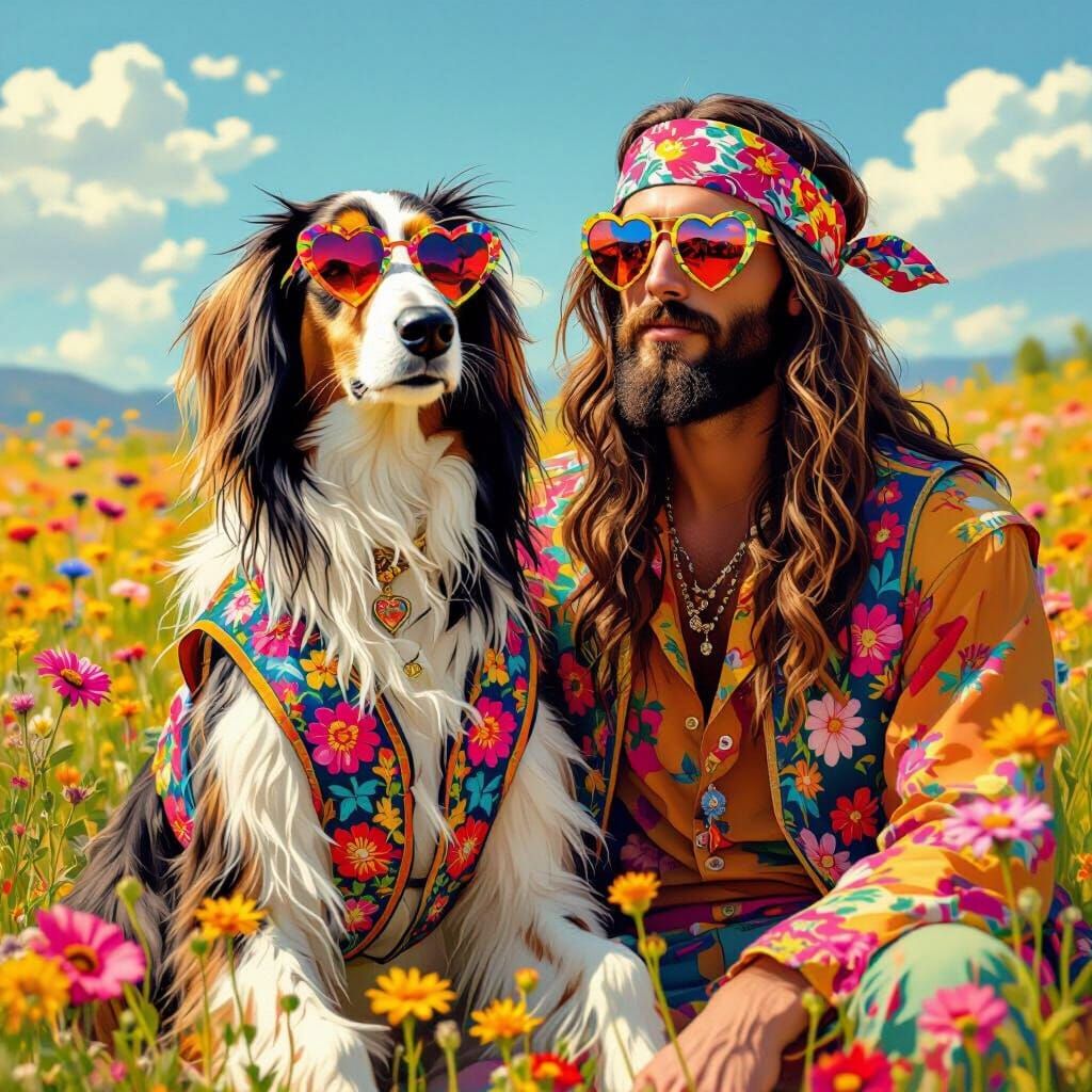An Afghan hound with a cute, hippy waistcoat and heart-shaped glasses, alongside their hippy owner, with ...  by @DW