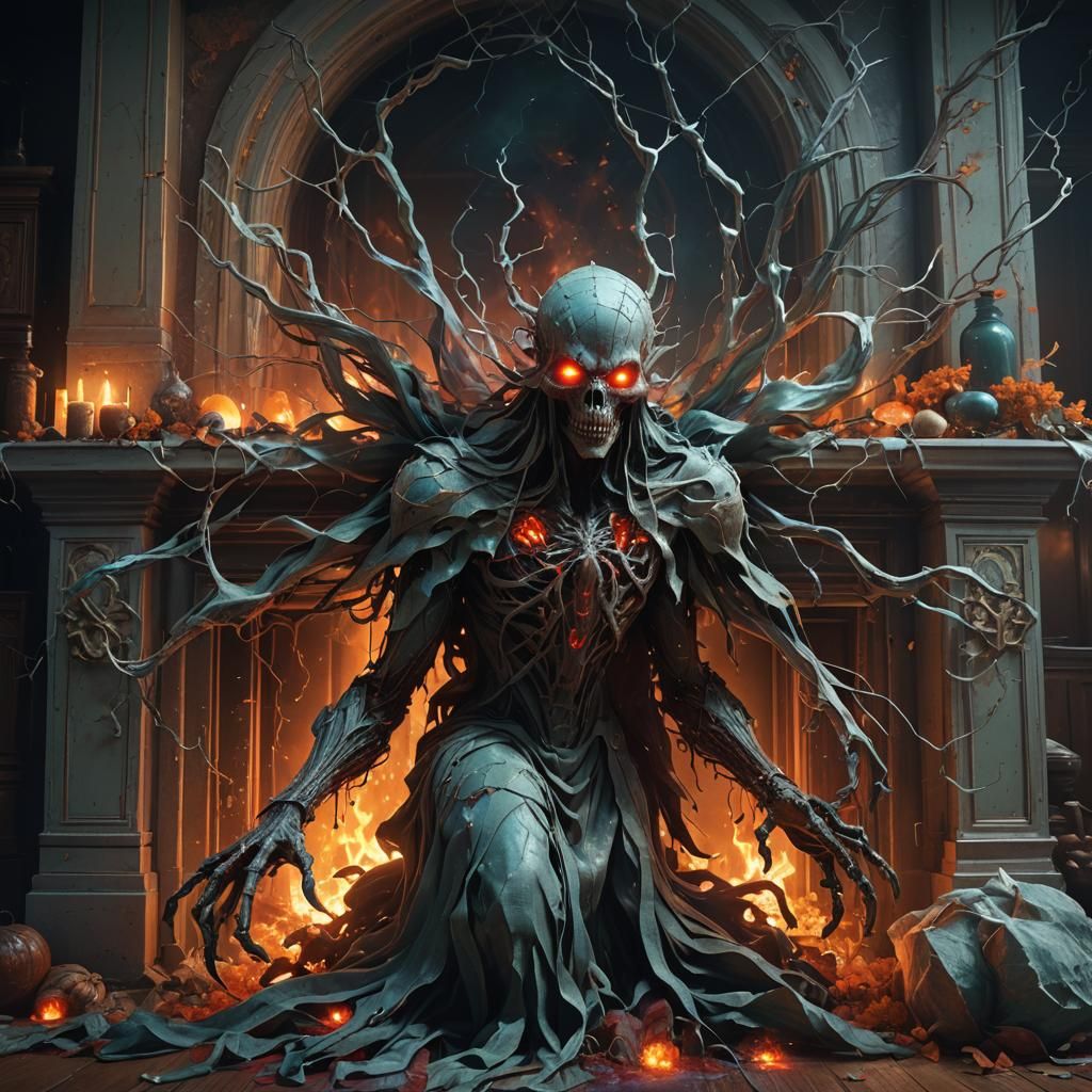 in a dark scary house, a ghost with red eyes and huge claws emerges from a cobweb-covered fireplace