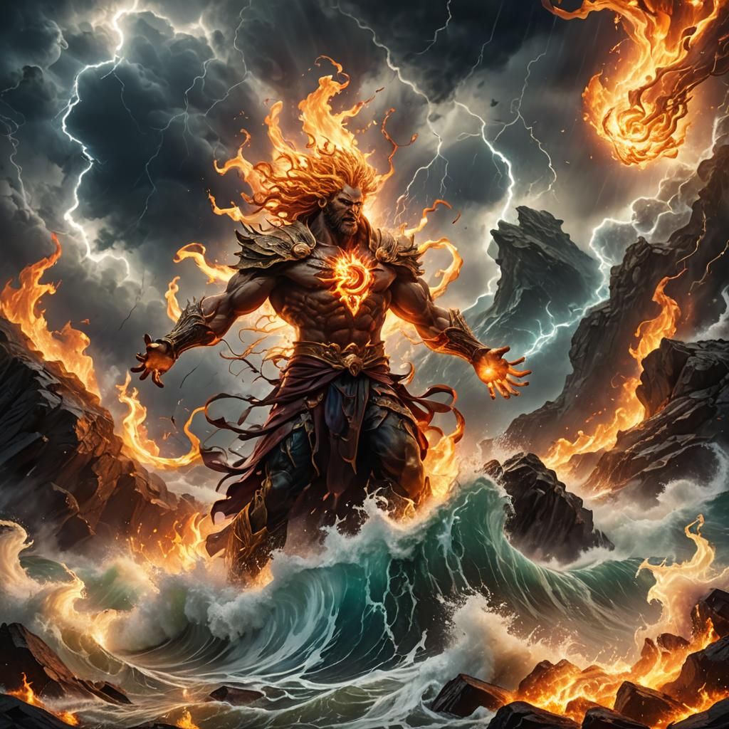 Breathtaking hyperrealistic scene: Godlike figure, center frame, wielding elemental forces. Swirling ...  by @undefined