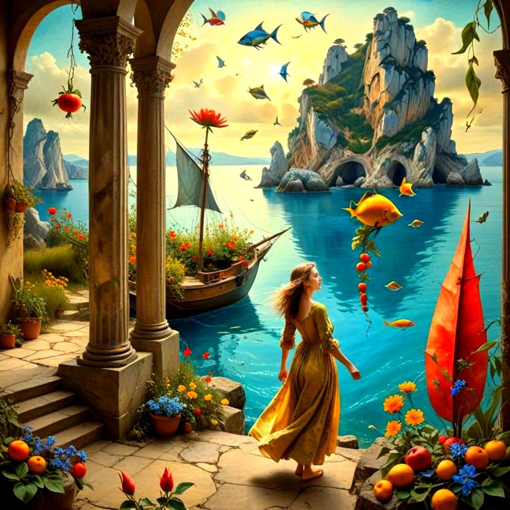 Medieval Lady in Surreal Ink Landscape