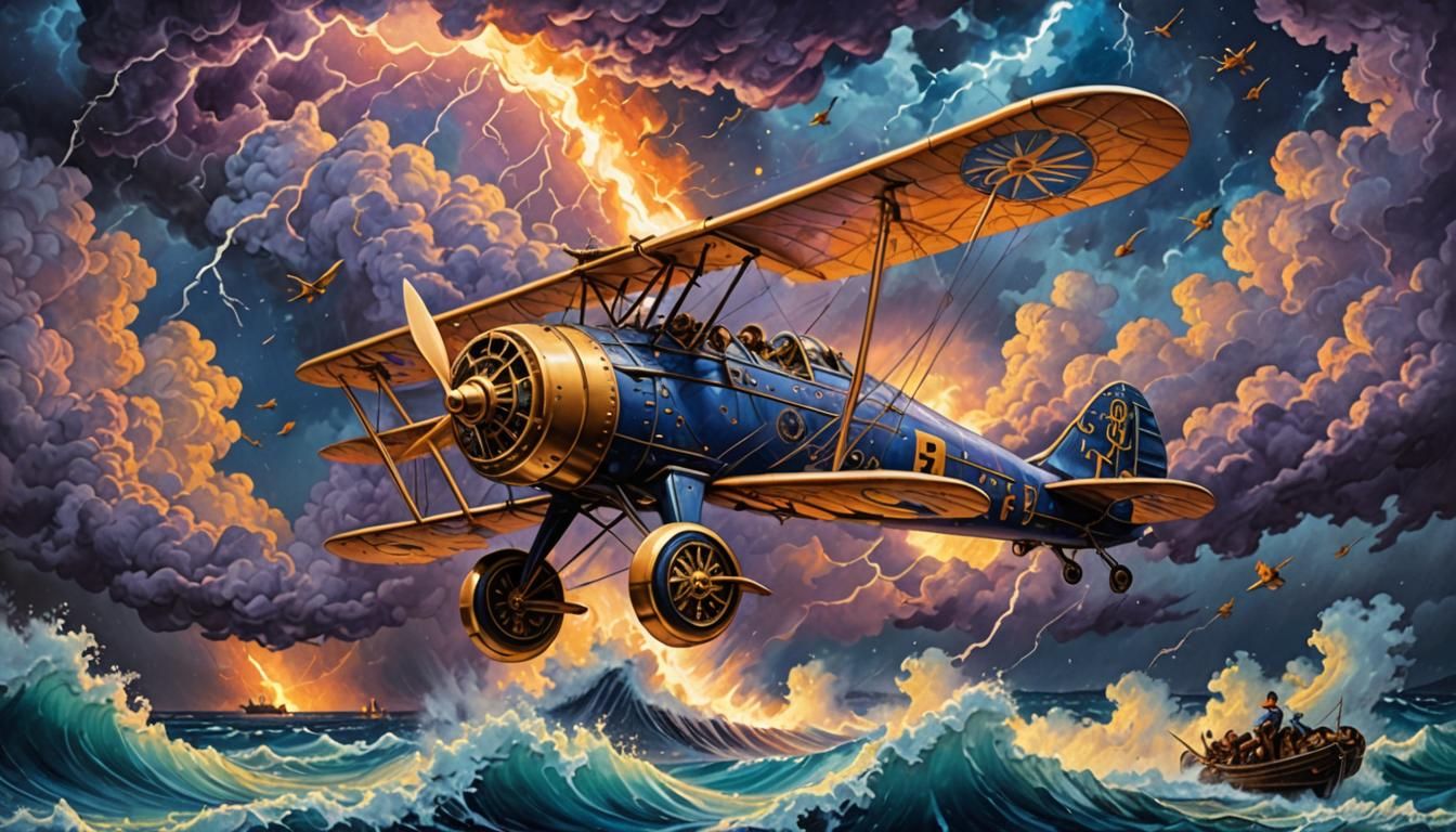 Maxfield Parrish inspired  low-flying steampunk biplane flying through a Fiery lightning storm