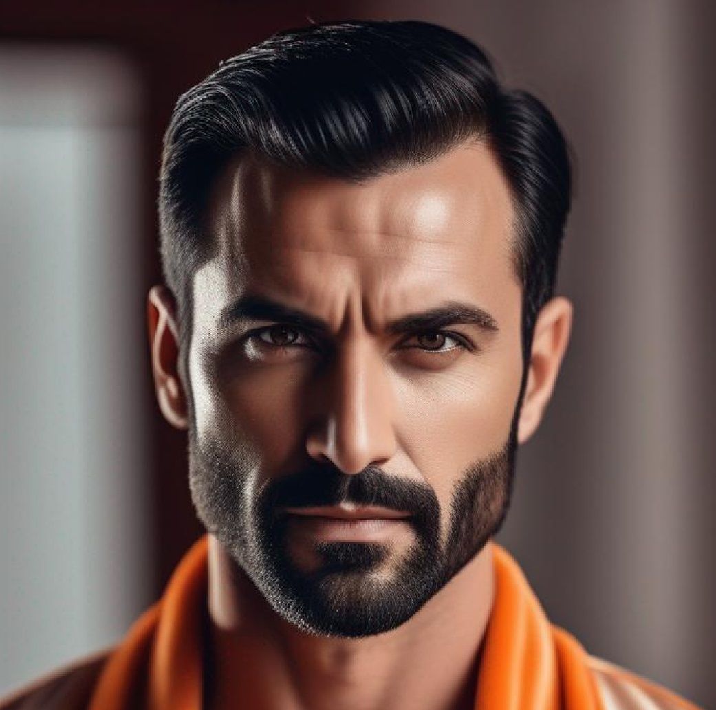 A serious man with   black  hair and beard wearing an orange...