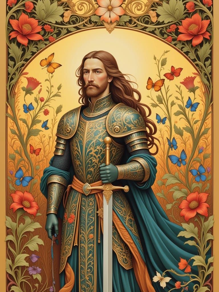 <lora:Bilibin:1.0> A night in shining armor in the style of Ivan Bilibin and William Morris. Intricate, flowing lines, warm yellows, reds an...