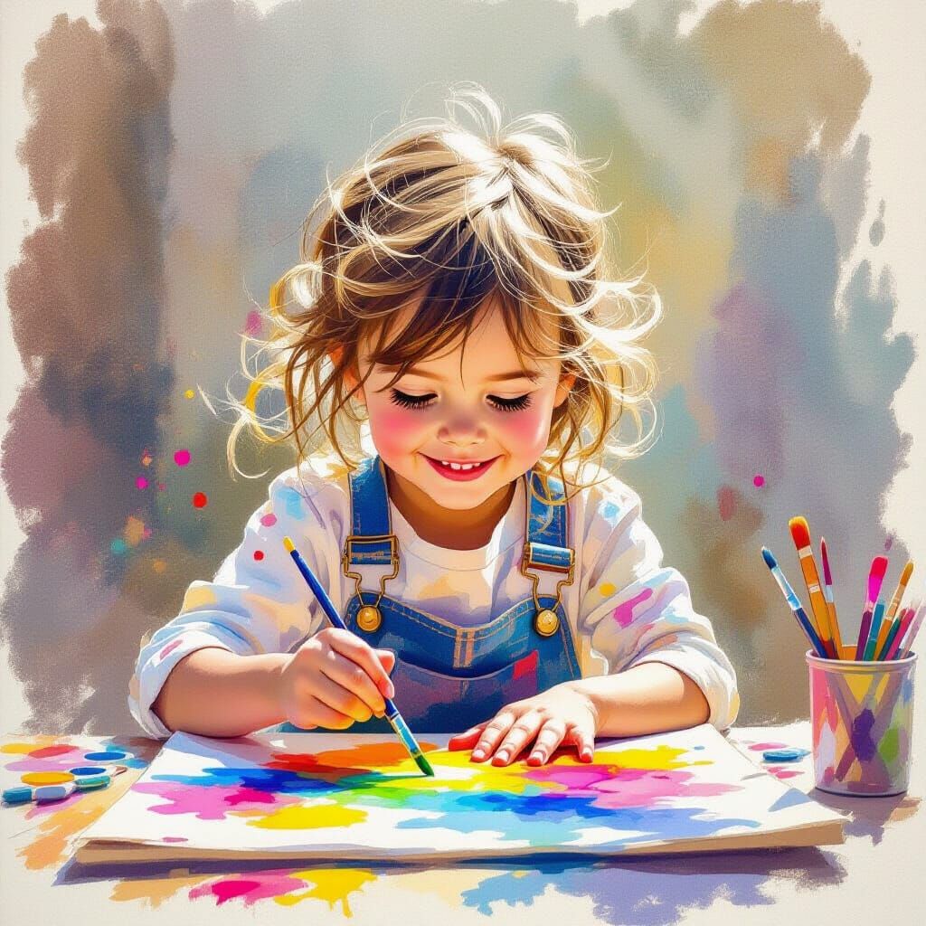 Child Joyfully Painting with Vibrant Watercolors
