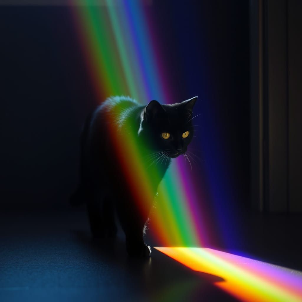 A black cat walks through a beam of rainbow light in a dark room  by @Signorina
