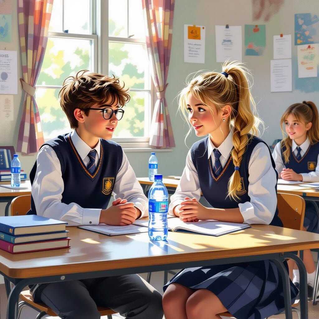 Nervous Boy Talks to Confident Girl in School Classroom
