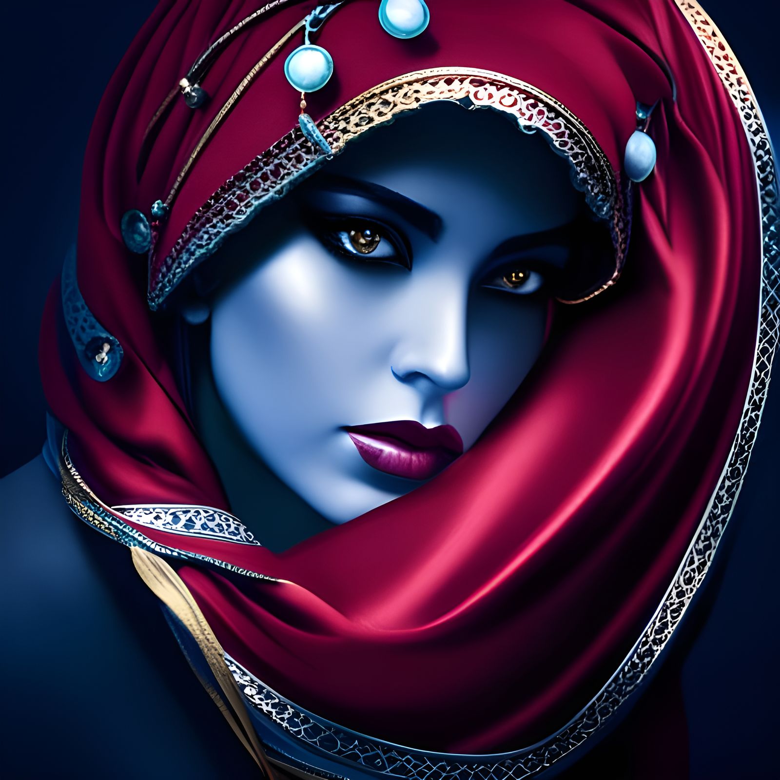 Persian woman. Gold hourglass eyes. Portrait. Red Veil.  by @Wizardry and scotch