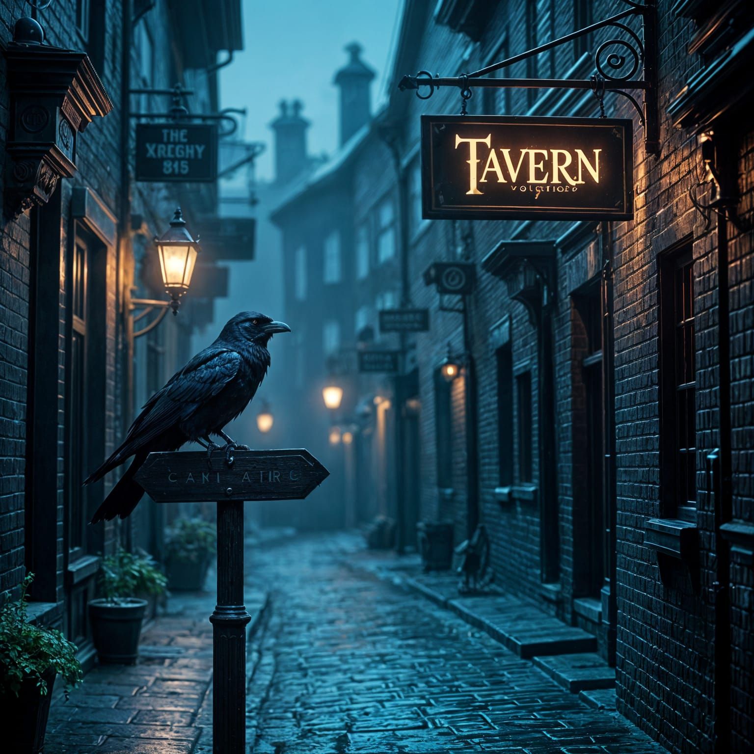 Photograph .wide shot.cinematic film still. A lone raven perched on a weathered signpost pointing down a dark, winding alleyway. Cinematic l...