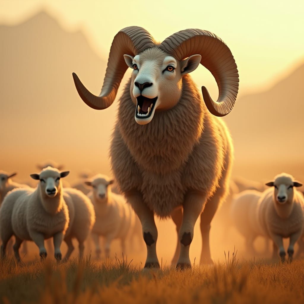 Majestic Ram with Regal Lion's Mane and Adoring Flock