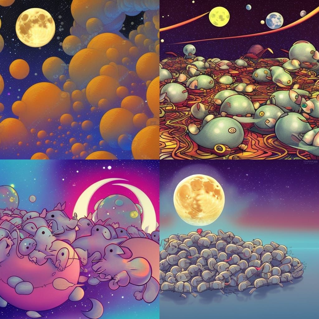Piles of mice holding on to a speeding moon, realistic space...