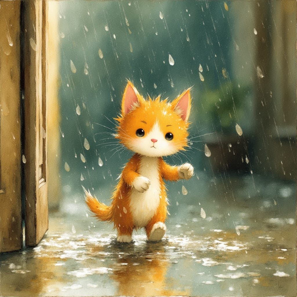 watercolor, alcoholink, A tiny cute, adorable wet kitten with (((very wet fur))) emerges from a puddle on a rainy porch, shaking its tiny bo...