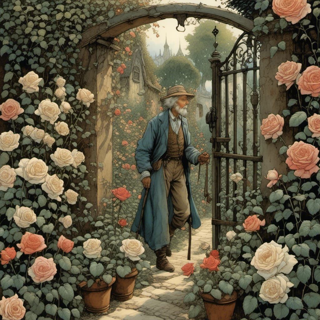 the ancient rose grower walks through his wonderful garden. A variety ...