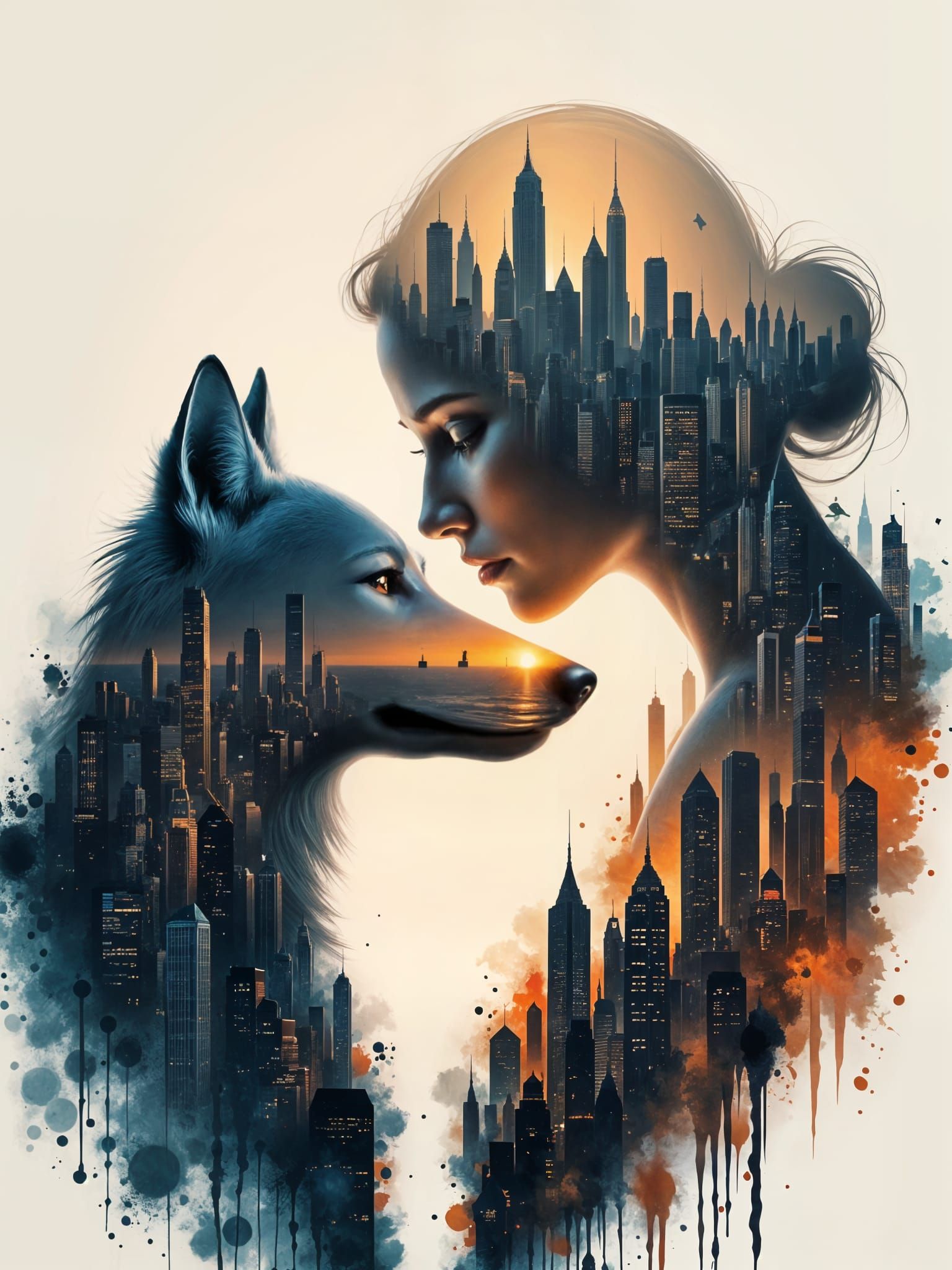 Angel Cityscape Double Exposure with Abstract Geometric Elem...