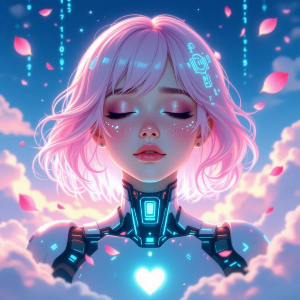 Android Girl in Celestial Cloudscape, Dreamy Surrealism