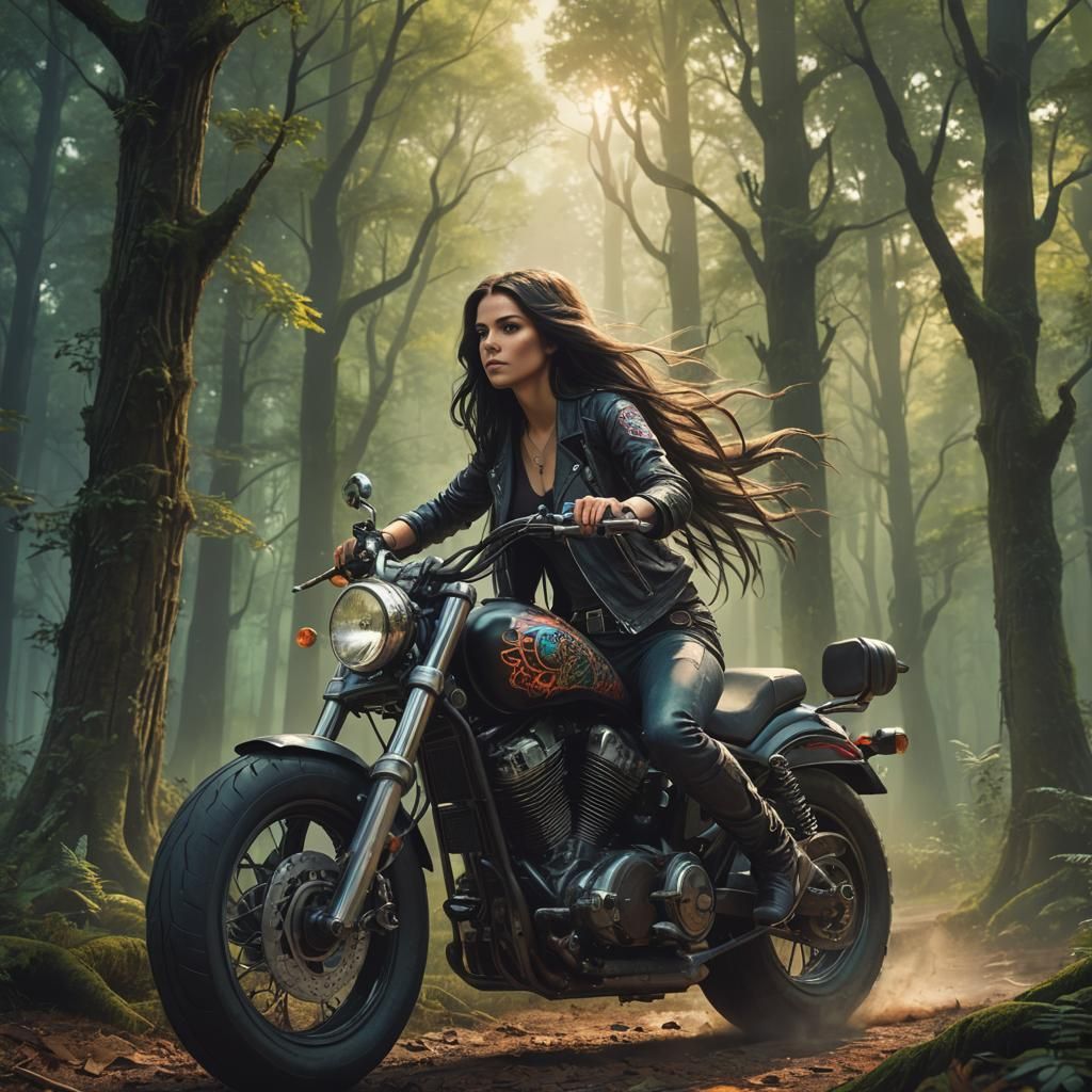 Mystical Biker Woman in Dreamlike Forest: Airbrushed Art