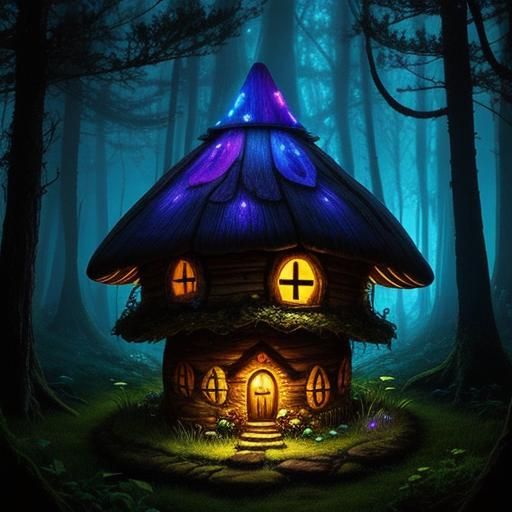 A fairy mushroom house in an enchanted bioluminescent forest...