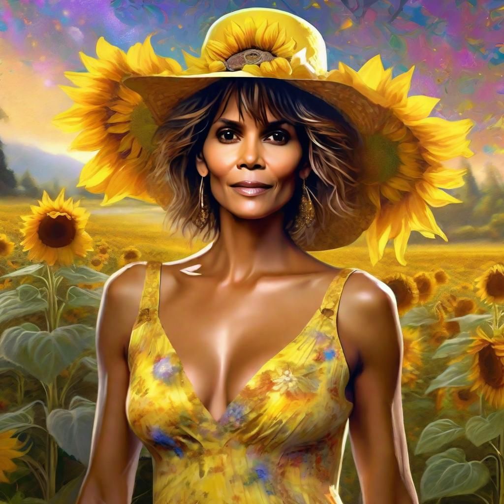 Halle Berry in a Yellow printed sensual dress, Sunhat with f...