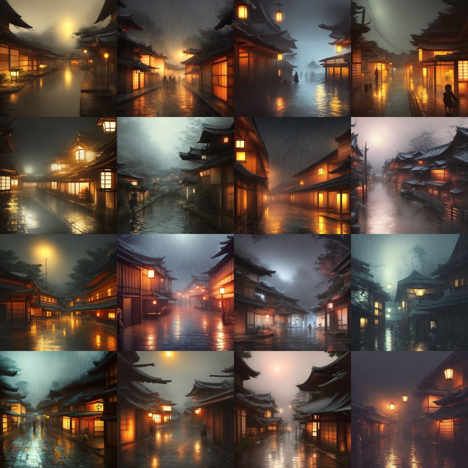 japanese village at nighttime in rain
