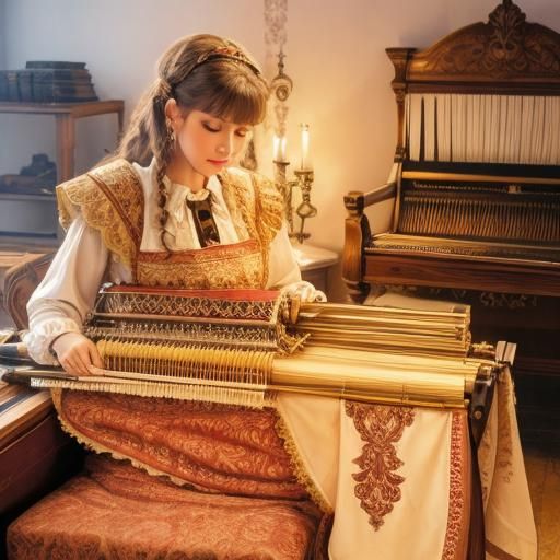 Highly Detailed Jacquard Loom making Damask in a Small Room
