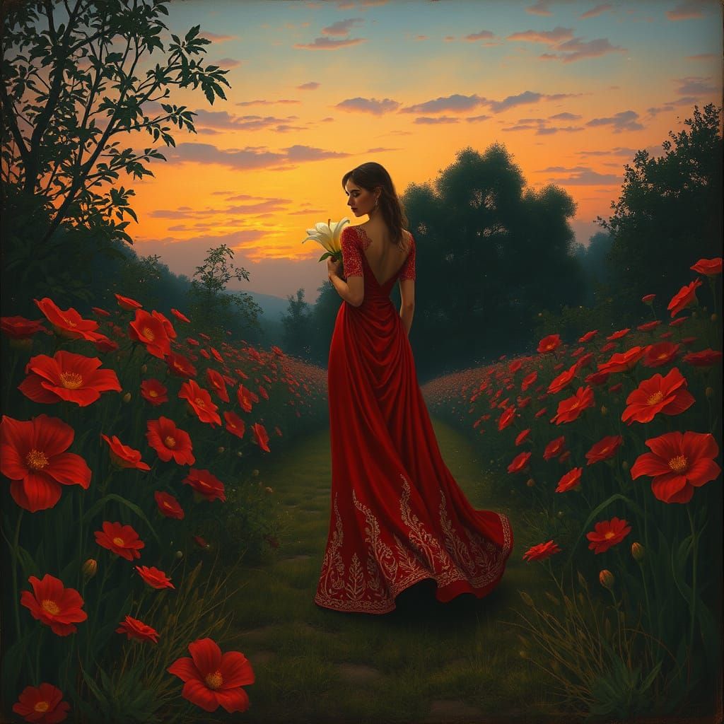 Woman in Red Dress with Glowing Lily in Magical Garden