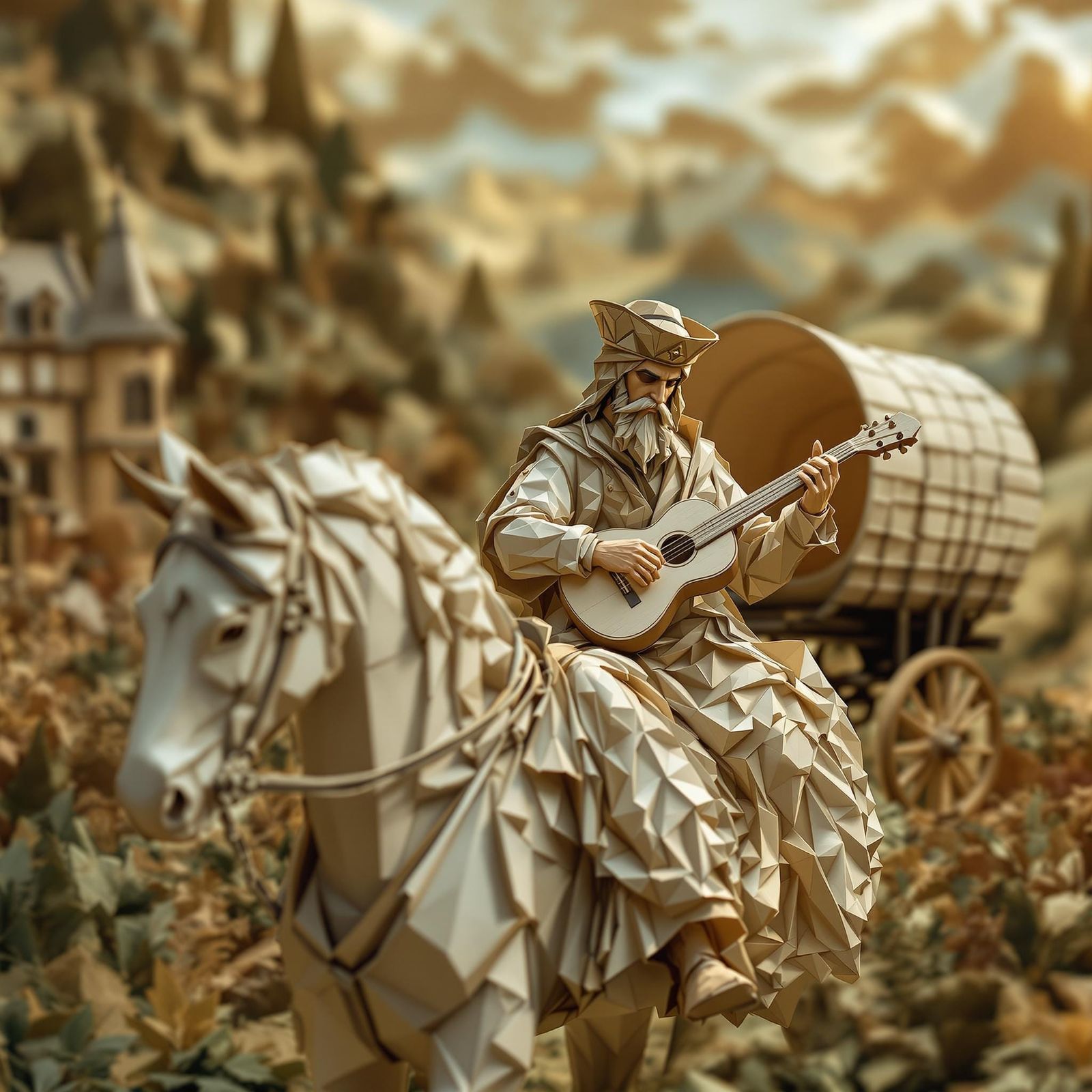 Origami Gypsy Musician in European Landscape