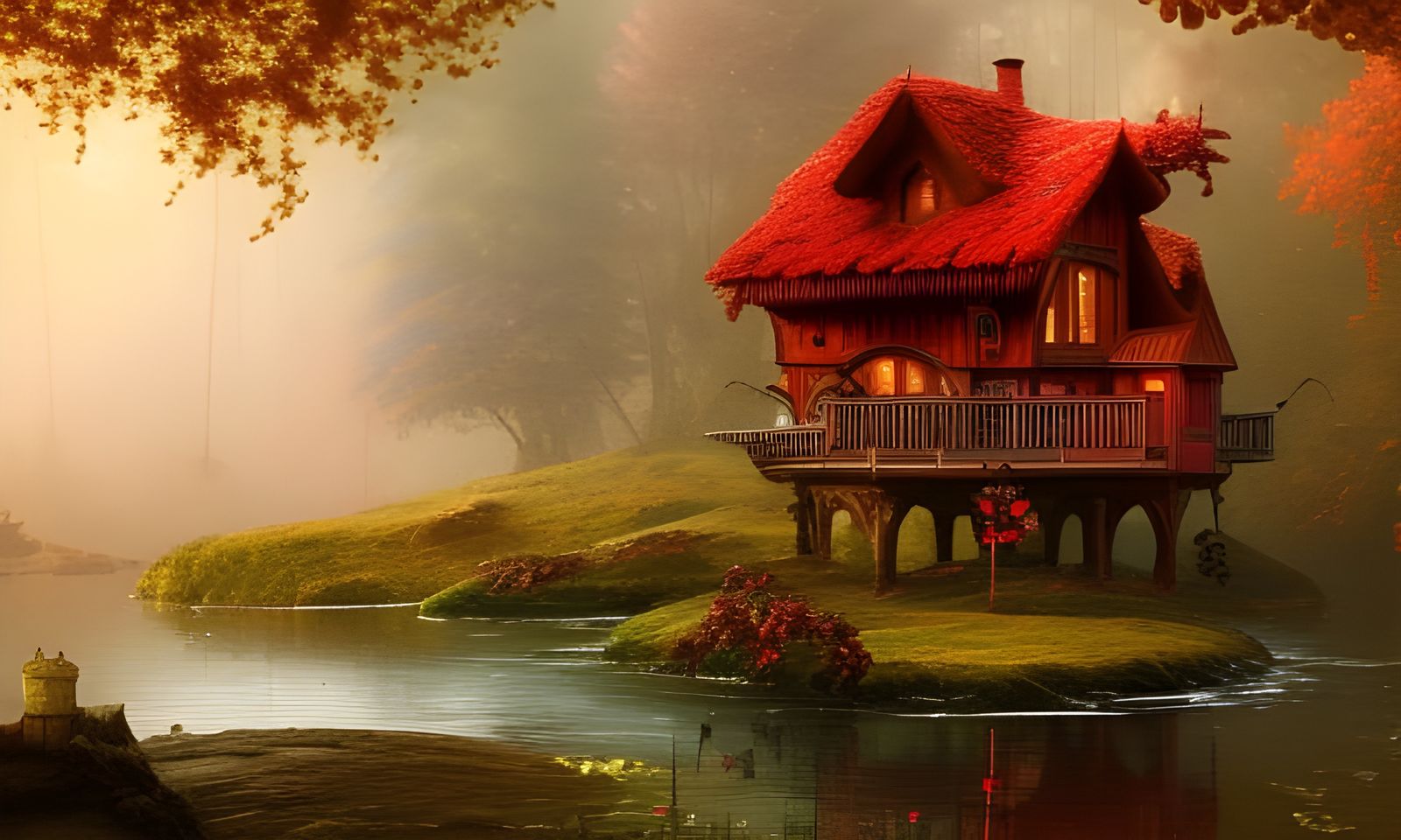 red fairy treehouse by the lake in automn