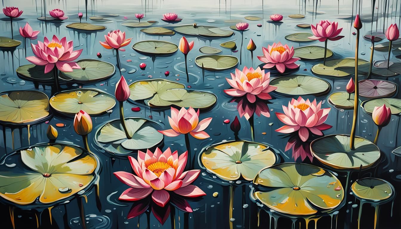 desaturated, a lot of lotuses on the water, high detailed, oil painting ...