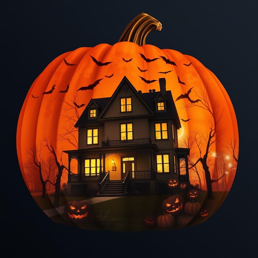 Double exposure combine   a large orange pumpkin with scene of  a spooky house with bats flying over, a background of halloween night., alco...