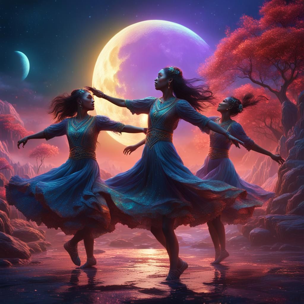 women dancing under an iridescent moon