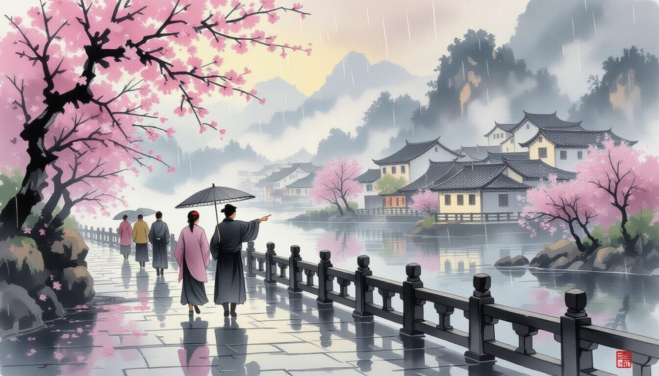 Misty Tomb-Sweeping Day Scene in Chinese Ink Wash Style