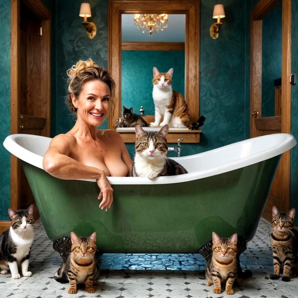 Charming Woman Surrounded by Cats: Hyperrealistic Portrait