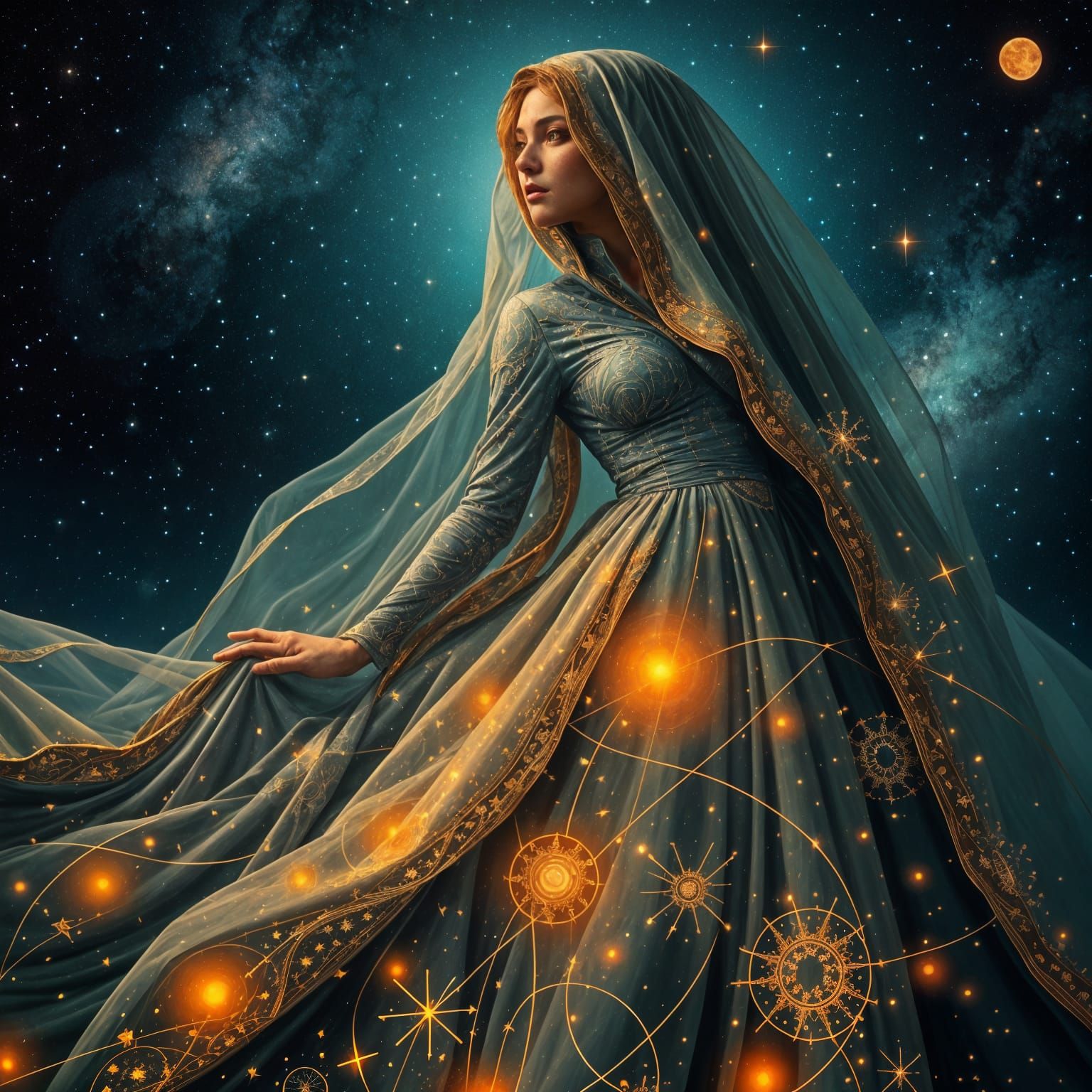 Celestial Night Sky Enchantress in Impressionistic Style