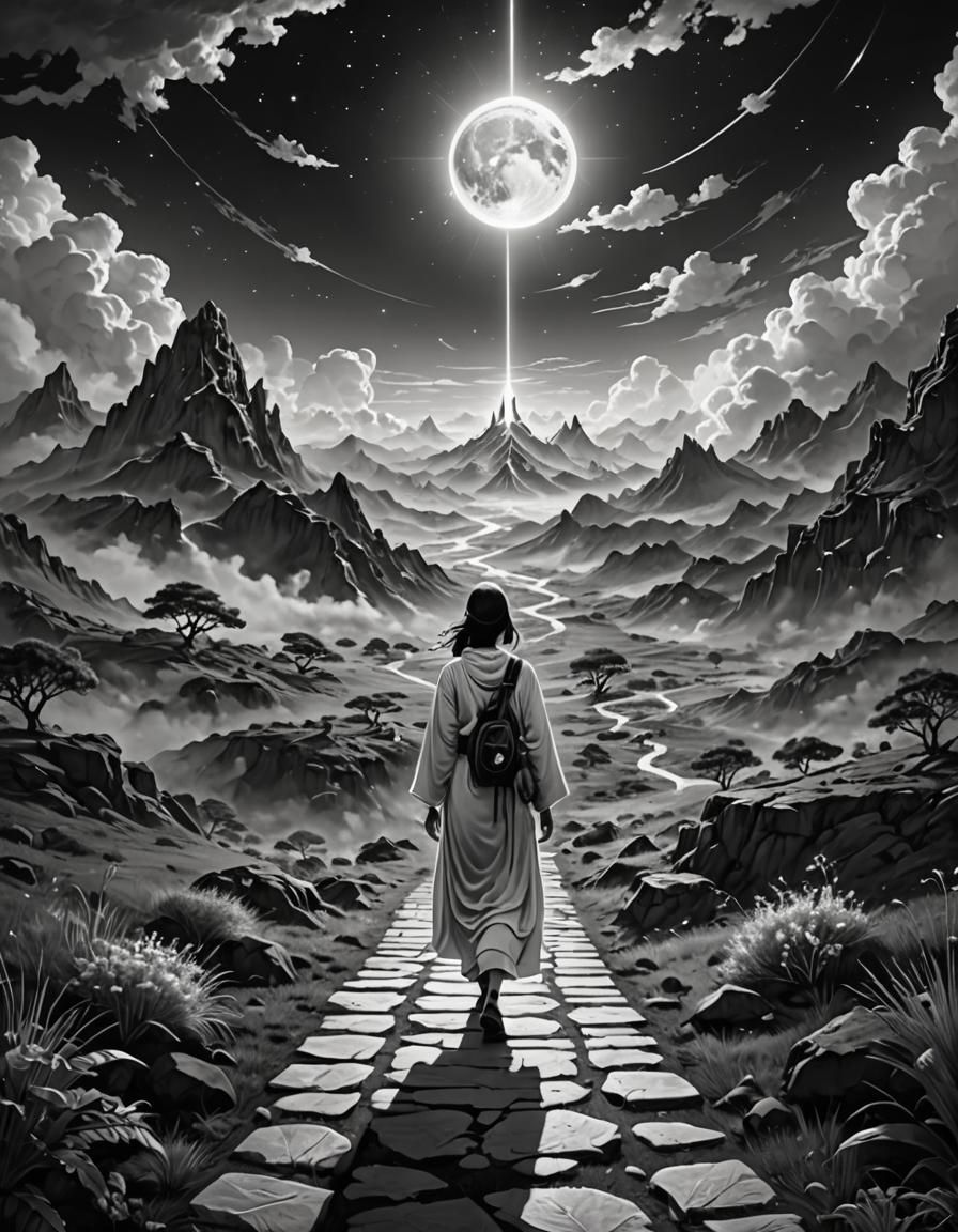 black and white. woman walking the spiritual path, ascension...