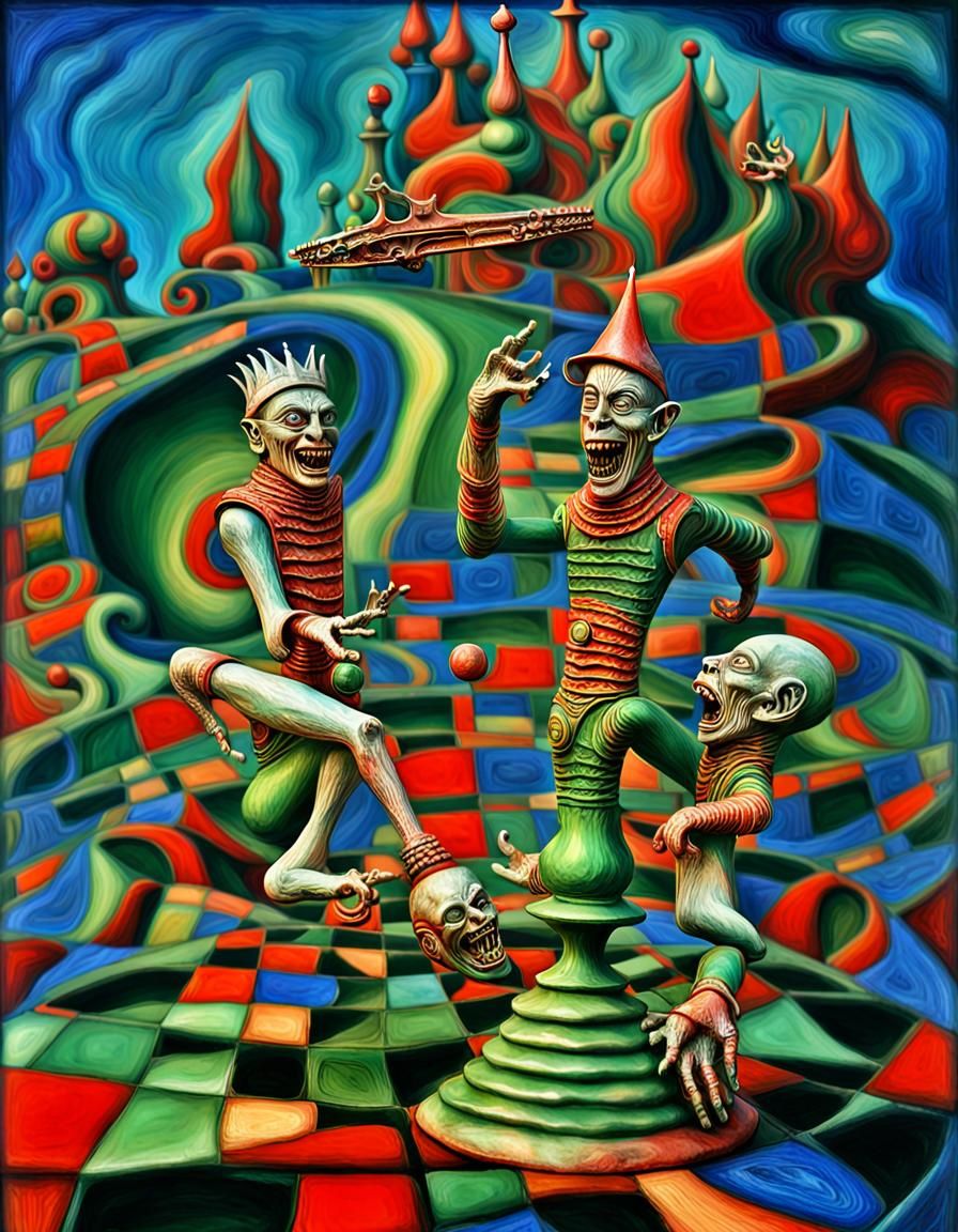 two crazy jesters laughing, H.R. Giger, psychedelic 3D chess...