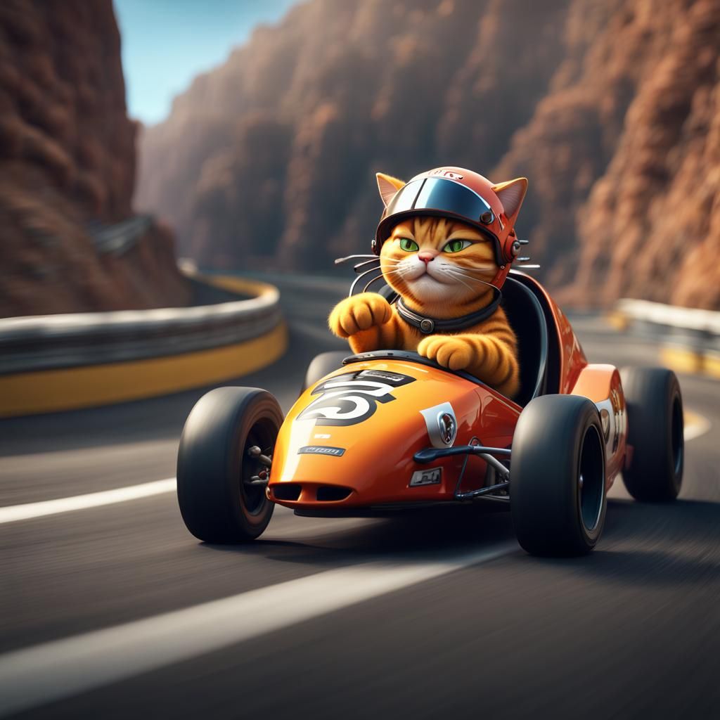 Cat fat  (Garfield) with a helmet drives a racing car (Marlb...
