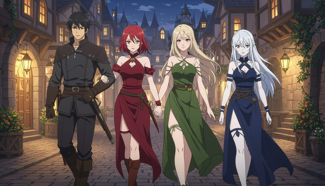 Using a hyper-realistic anime art style I need you to create the following scene>

We have four people, 3 females and 1 male. The male has b...