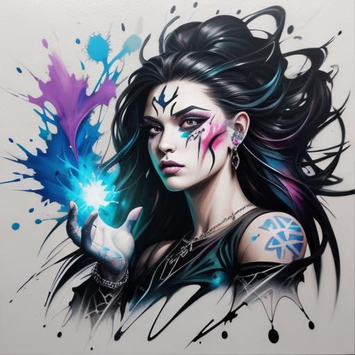 Elegant powerful enchantress casting a spell. She has a whit...