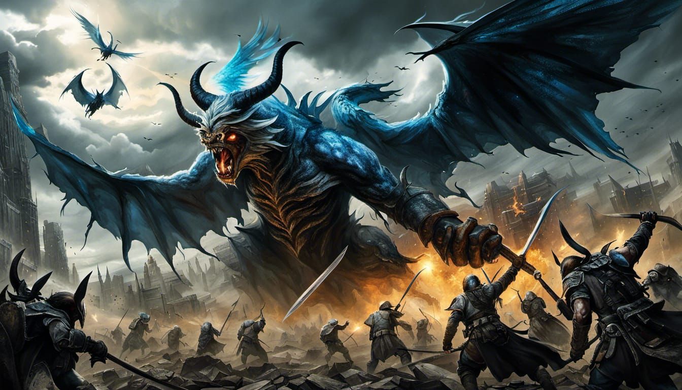 Flying Angel Warriors with two wings fighting flying blue-sk...