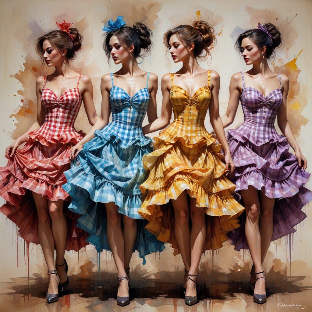 Line up of chorus girls in a saloon style stage setting wearing colourful gingham dresses and dancing ...  by @Pea-nut