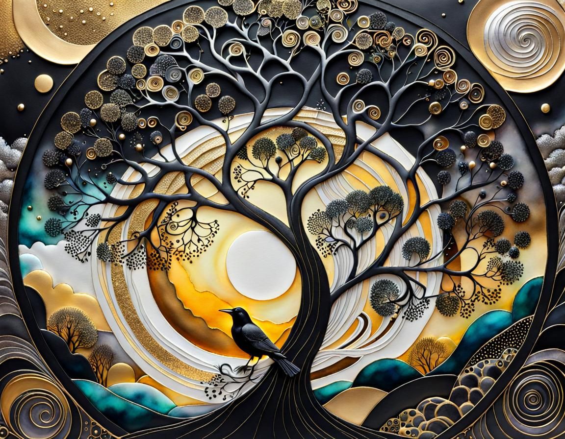 Sunset, big tree & raven