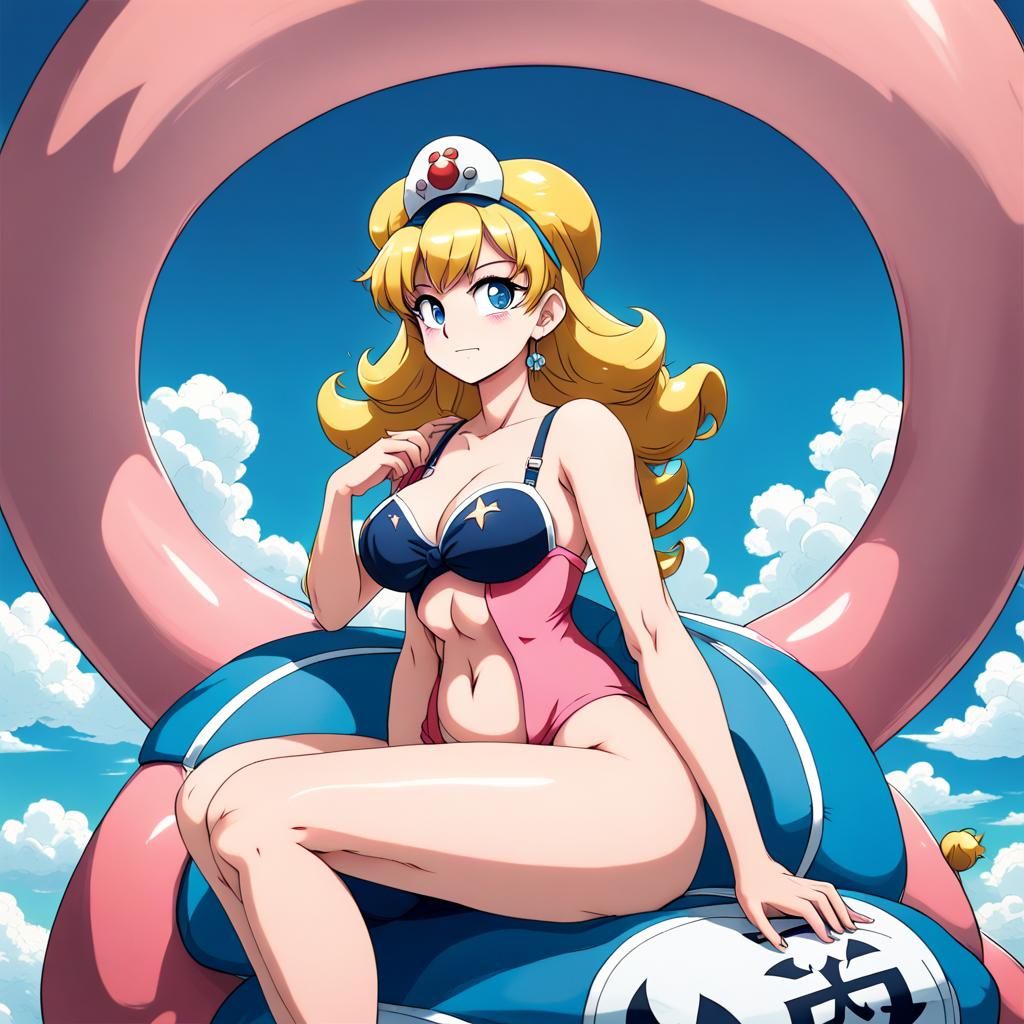 princess peach, 2d anime style, one piece swimsuit, posing seductively,  ultra wide hips, huge chest, motherly, blue background with clouds,... - AI  Generated Artwork - NightCafe Creator