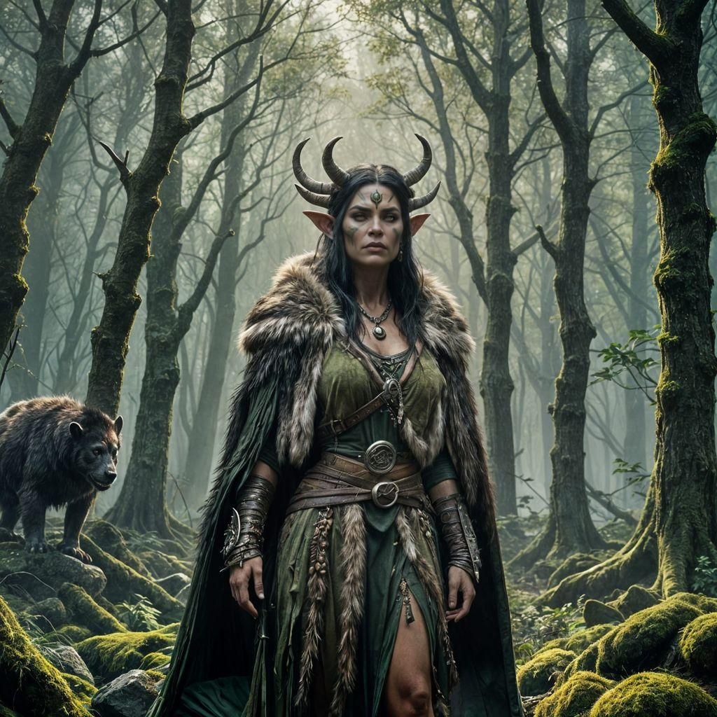 High fantasy epic attractive female orc druidic shaman, fur clothes