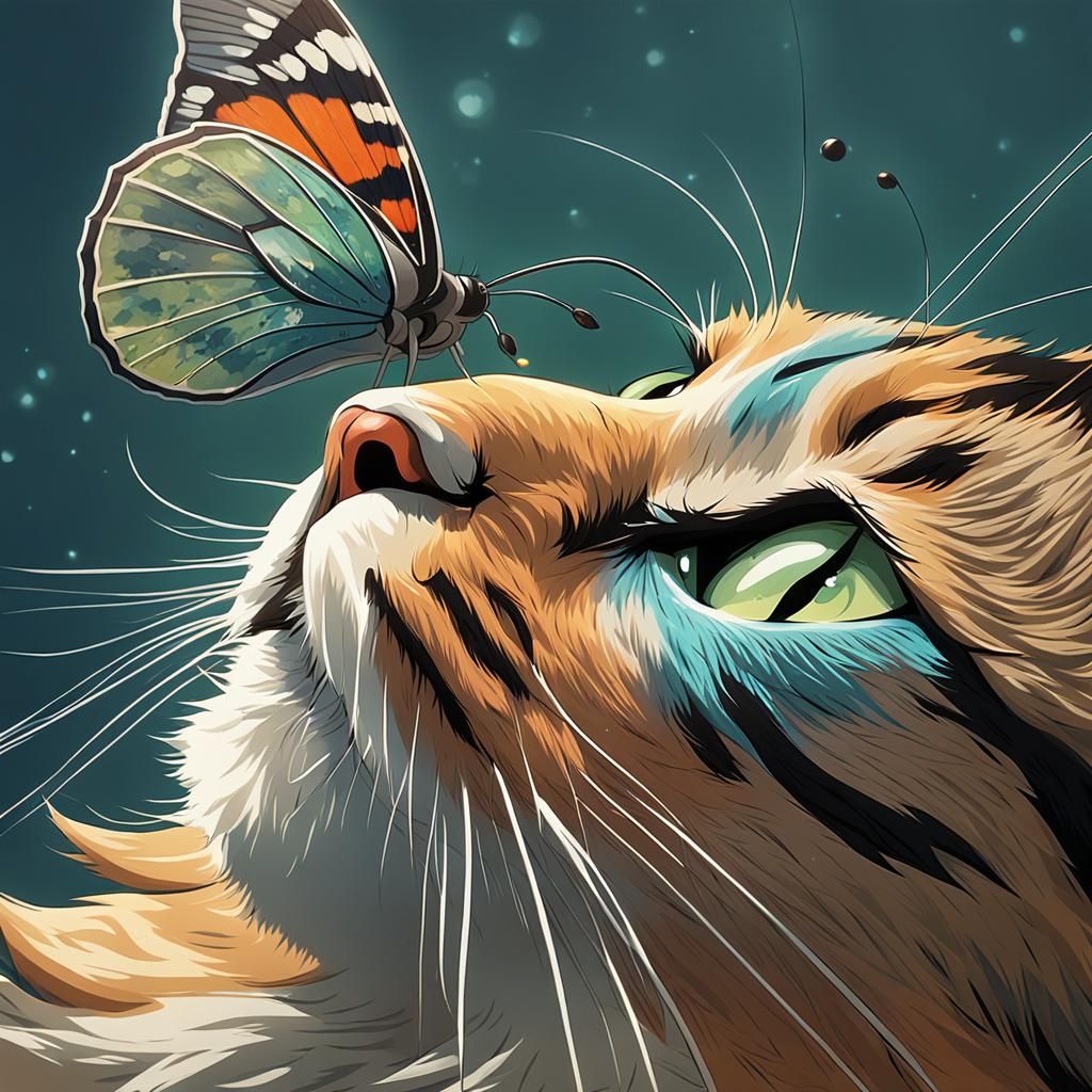 Close-up of a butterfly on the nose of an adorable norwegian cat Studio 