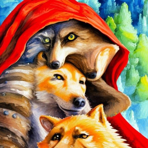 Little Red riding hood with a wolf, amazingly  hyperdetailed...