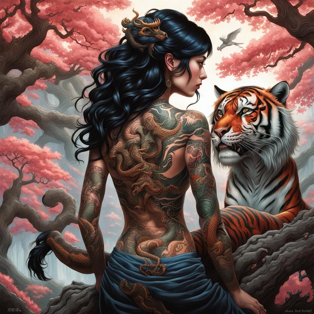 hyperrealistic tattooed beautiful girl with dragons and tige...