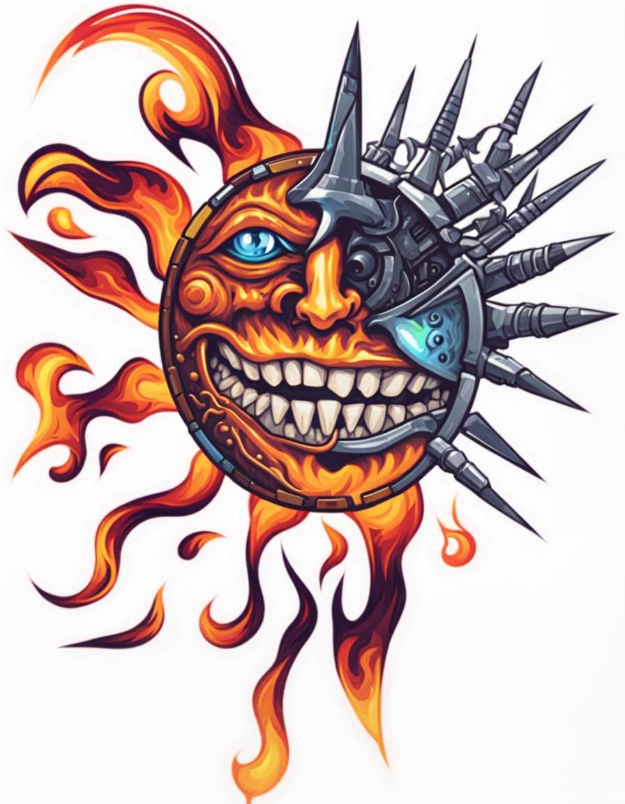 sun boneface logo, biomechanical, fire, sharp blades, high c...