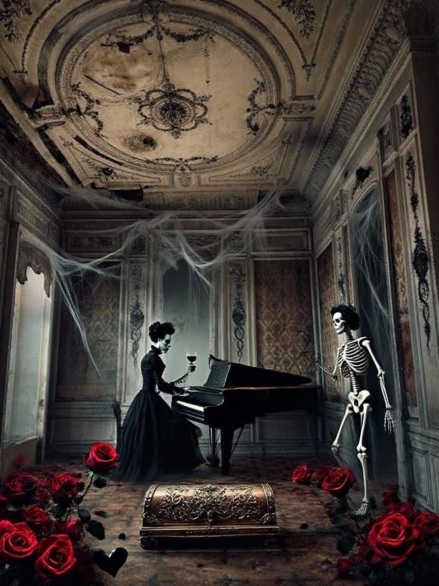 Create an image of the inside of a haunted house somewhat like the above room vintage wallpaper spiderwebs grand piano with ghost playing it...